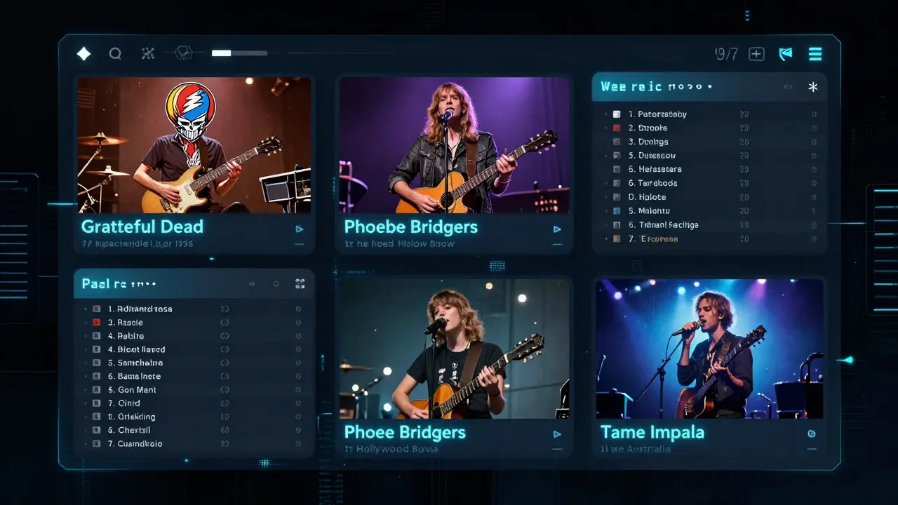 Three iconic concert performances displayed side-by-side on a digital interface with interactive setlists.