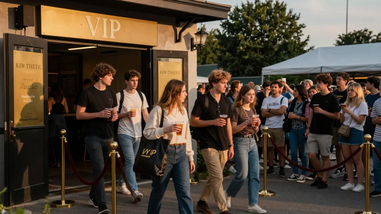 VIP guests enter a concert venue through a quiet, exclusive entrance while others wait in long lines outside.