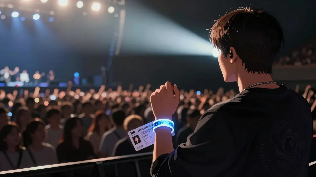 VIP ticket holder standing close to the stage during a live performance under spotlight.