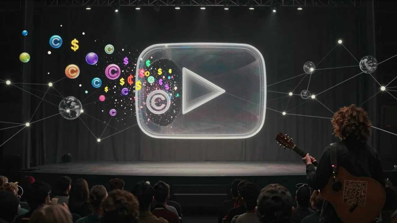 YouTube logo with copyright symbols dissolving into Super Chats above a concert crowd