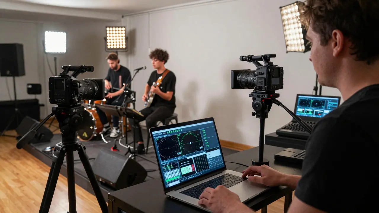 A band performing live with two cameras capturing the show, connected to a laptop running streaming software.
