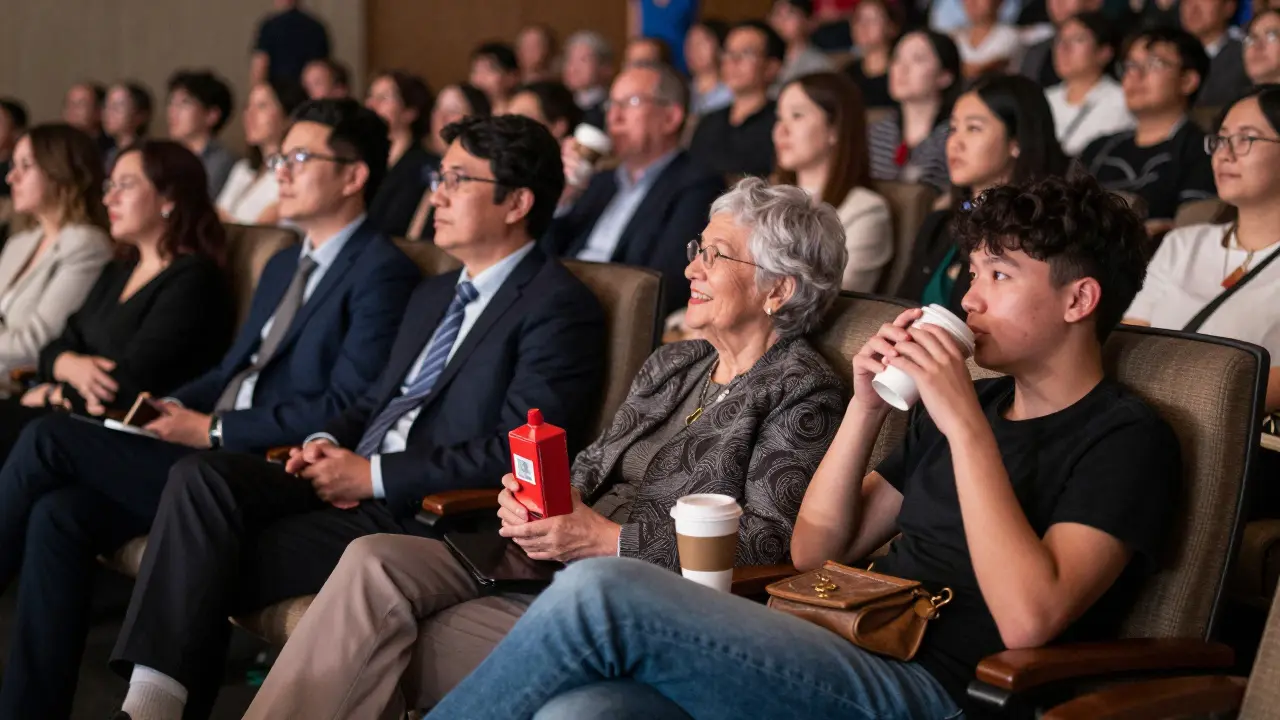 A diverse group enjoying club level seating at a concert, relaxed and calm while the crowd below moves energetically.