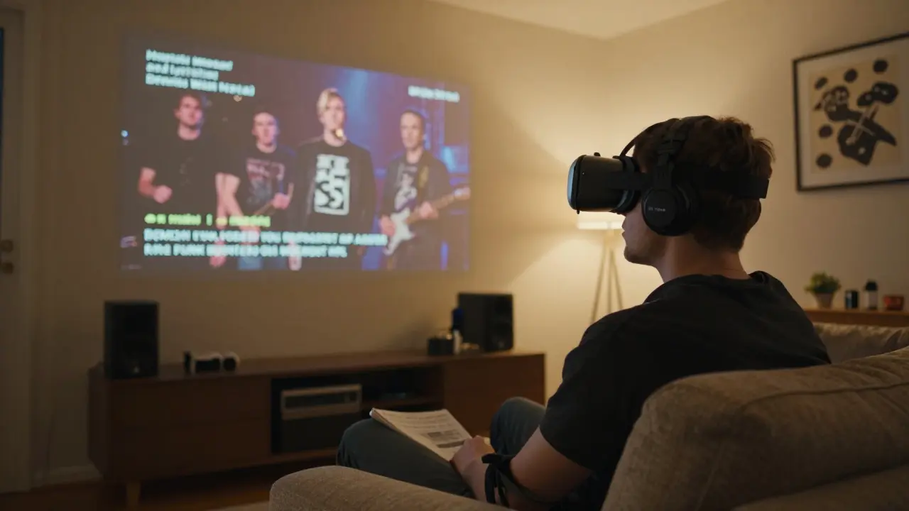 A fan in a VR headset experiences a live punk concert with AR overlays, seated virtually beside friends from around the world.