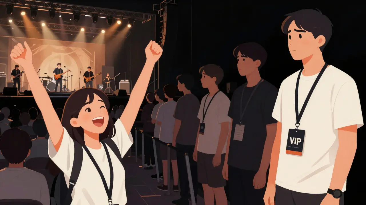 A fan in the front row cheering, while another stands in a VIP line holding merch, contrasting concert experiences.