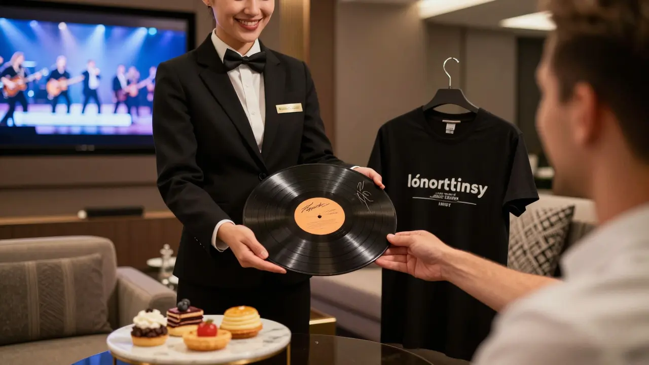 A fan receiving exclusive signed merchandise from a concierge in a quiet VIP lounge.