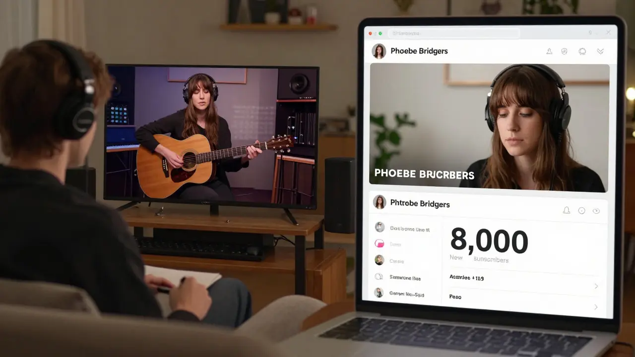 A fan watching an intimate acoustic livestream on a laptop while a Patreon subscription screen glows nearby.