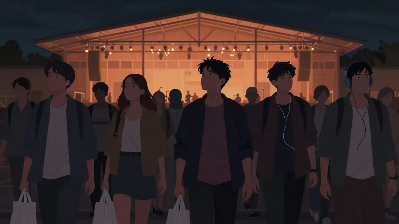 A group of fans walking away from a concert at night, each lost in thought, holding merch and listening to music.