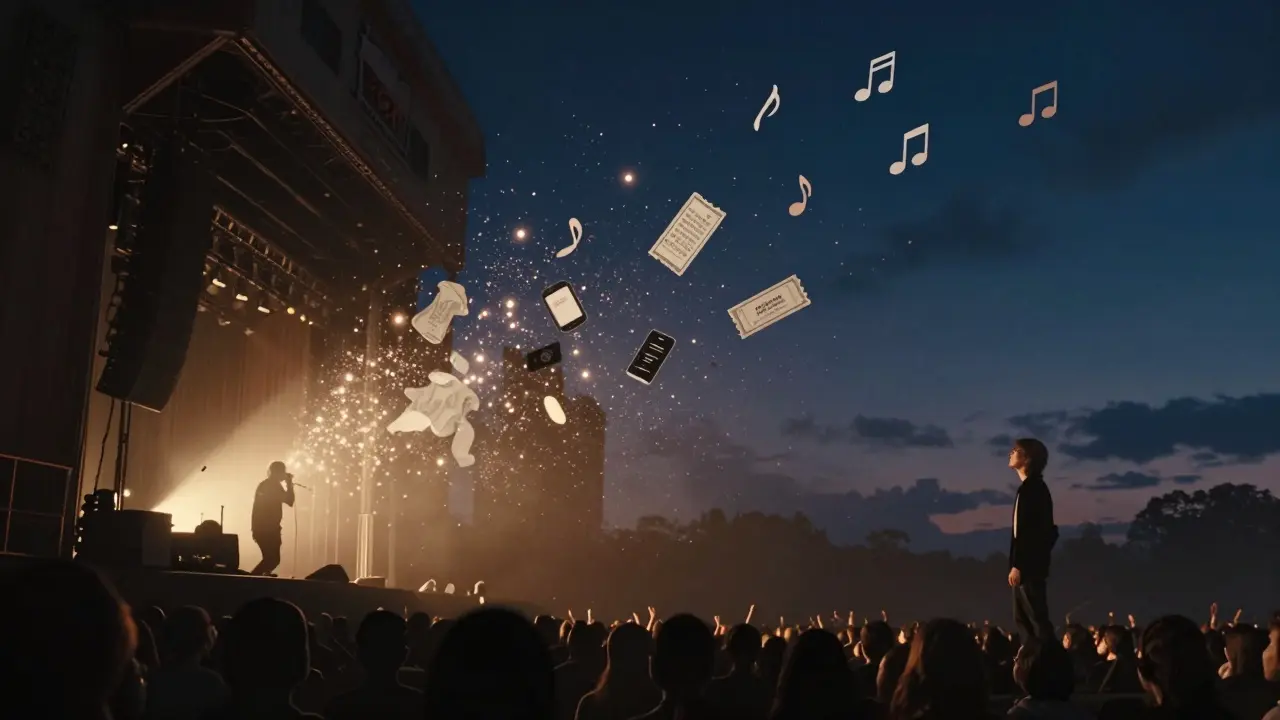 A silhouette dissolving into glowing fragments of concert memories—texts, merch, and music notes drifting into the night.