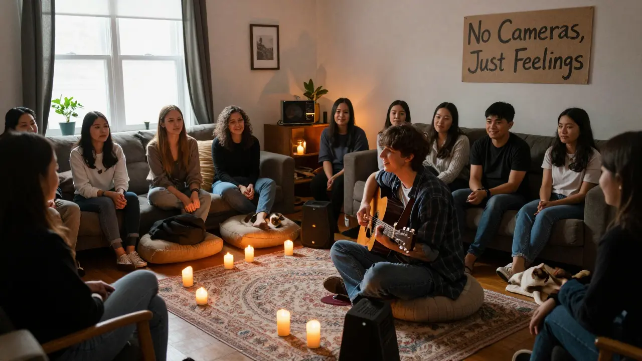 A solo musician plays guitar in a living room concert, surrounded by a small group of listeners on cushions.
