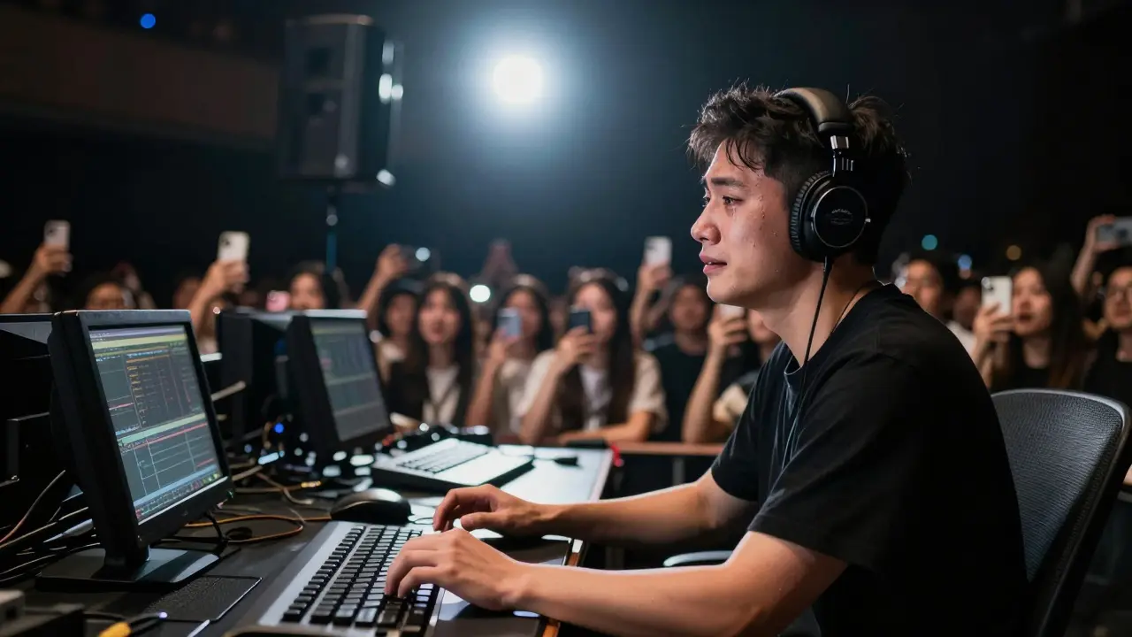 A sound engineer sits calmly in the crowd on stage left, focused on the performer during an emotional ballad, with blurred fans in background.