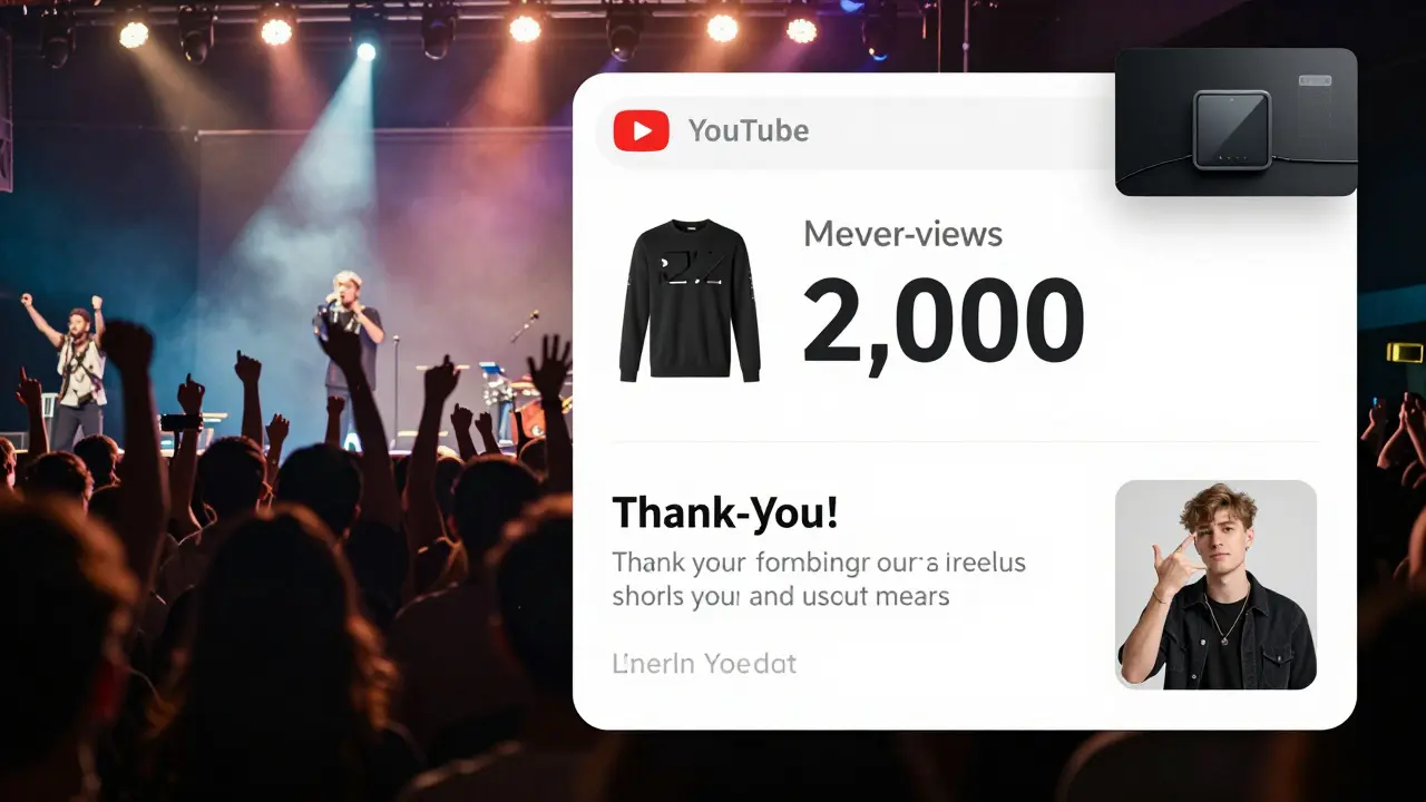 A successful live concert stream on YouTube shows viewer count, merch link, and thank-you message, with backup feed visible.