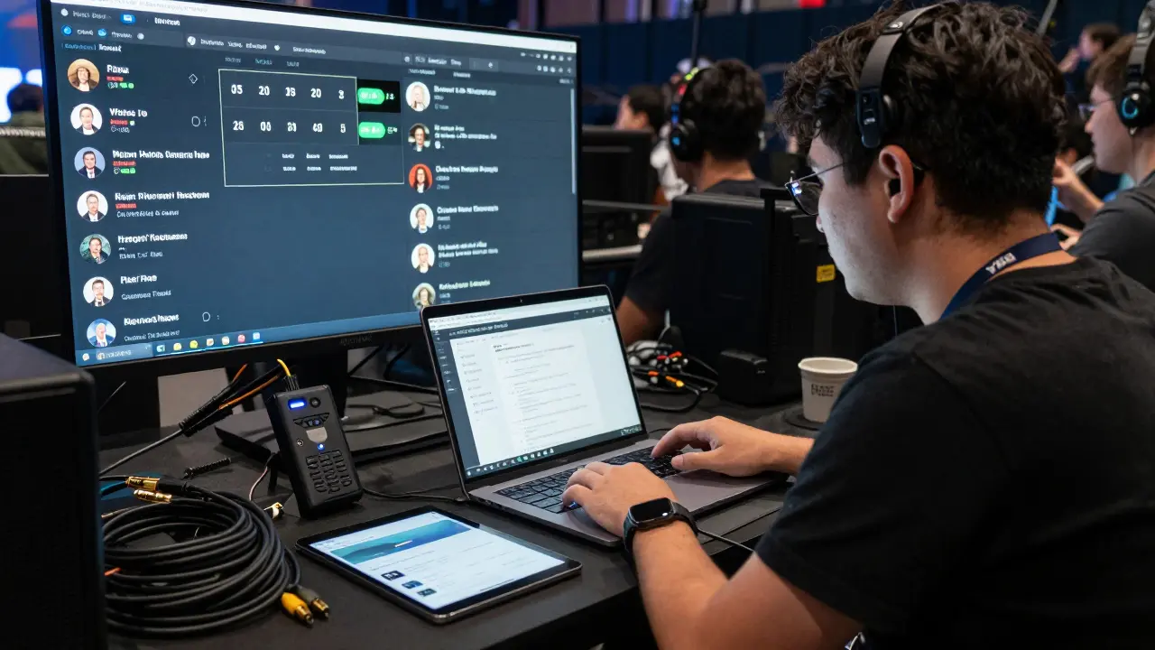 A technician managing a live stream with backup equipment ready in a venue, monitoring viewer engagement.