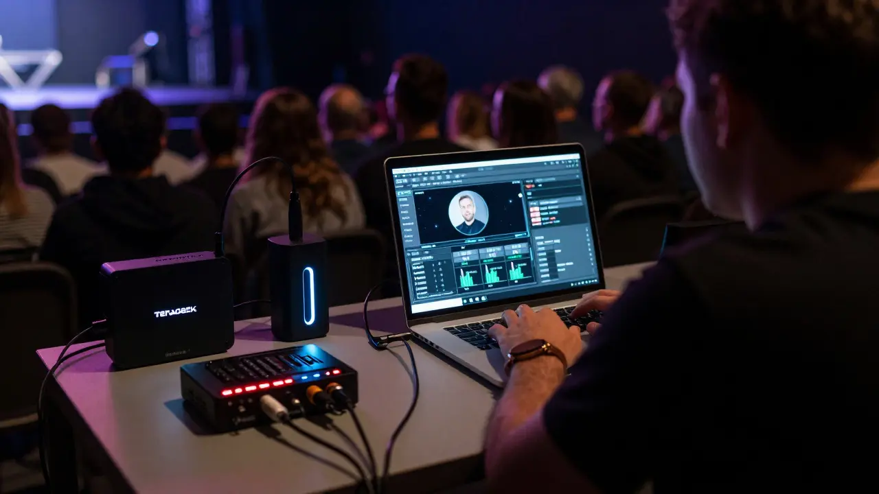A technician monitors a live stream with backup internet and audio equipment, preparing for potential technical failures.