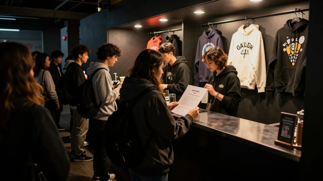 A VIP guest browsing exclusive merchandise at a private counter, holding a numbered certificate.