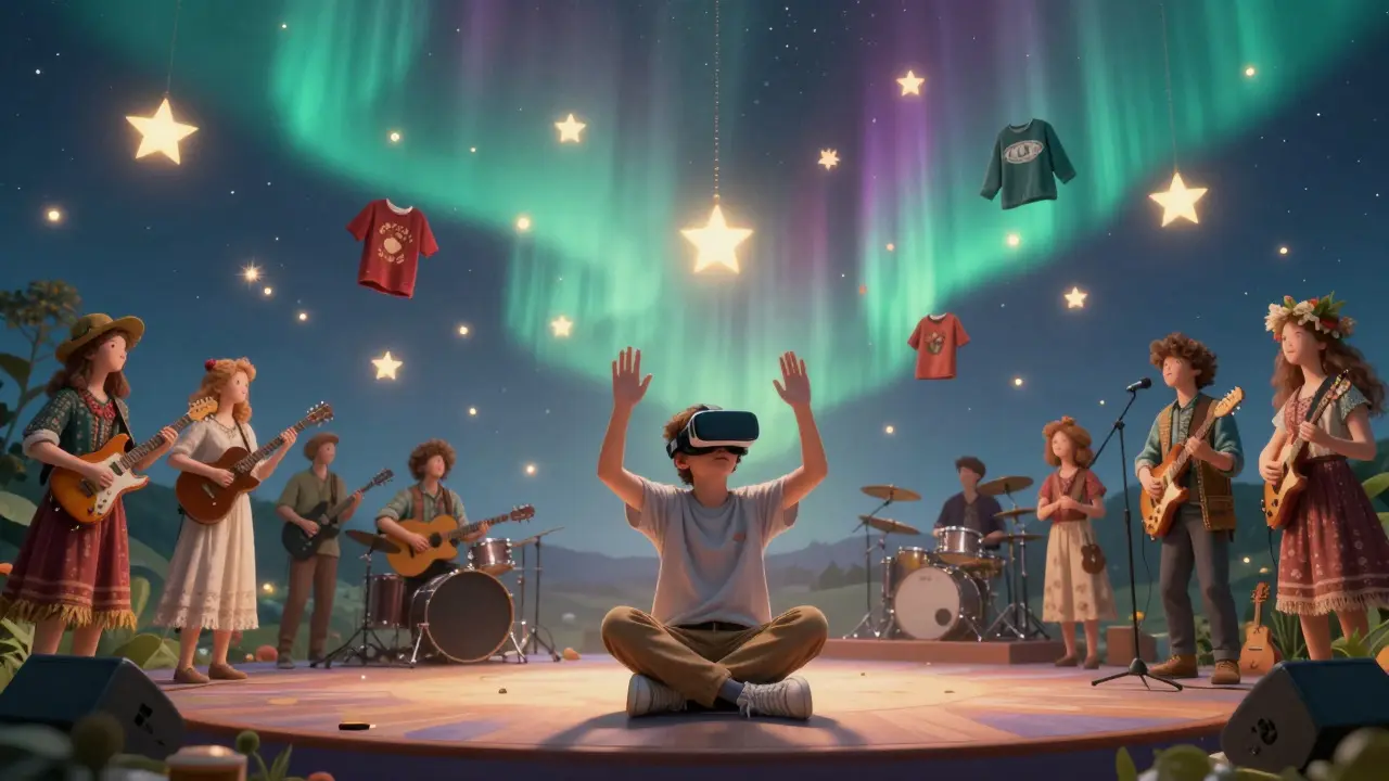 A young person in VR headset experiencing a virtual concert with floating musicians and glowing avatars.