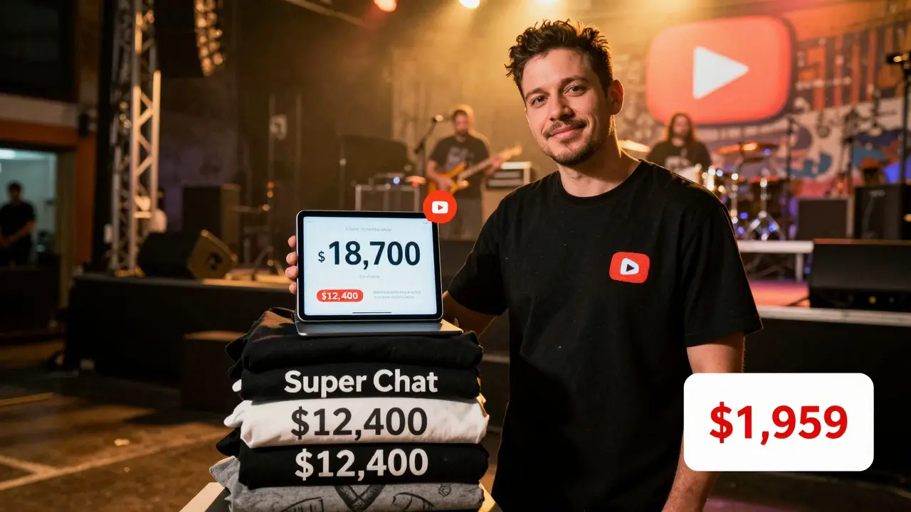 An artist beside merch piles and Super Chat totals, with a tiny YouTube ad revenue number in the corner.