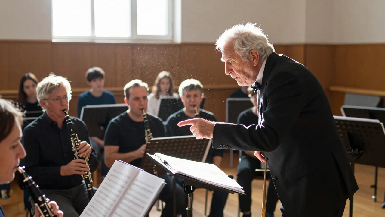 An elderly conductor guides musicians during a rehearsal, sunlight streaming through windows.