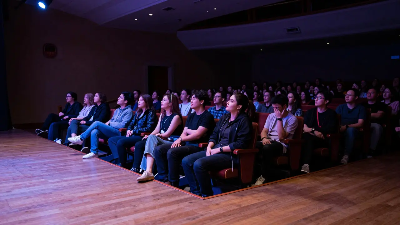 An indie band performs on a low stage in a historic theater, audience close and engaged, no elaborate lighting.