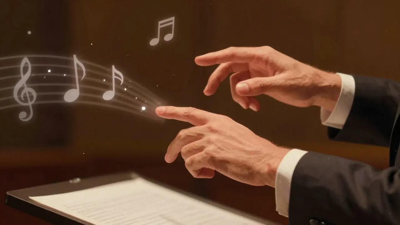 Close-up of a conductor's hands shaping musical dynamics with subtle gestures.