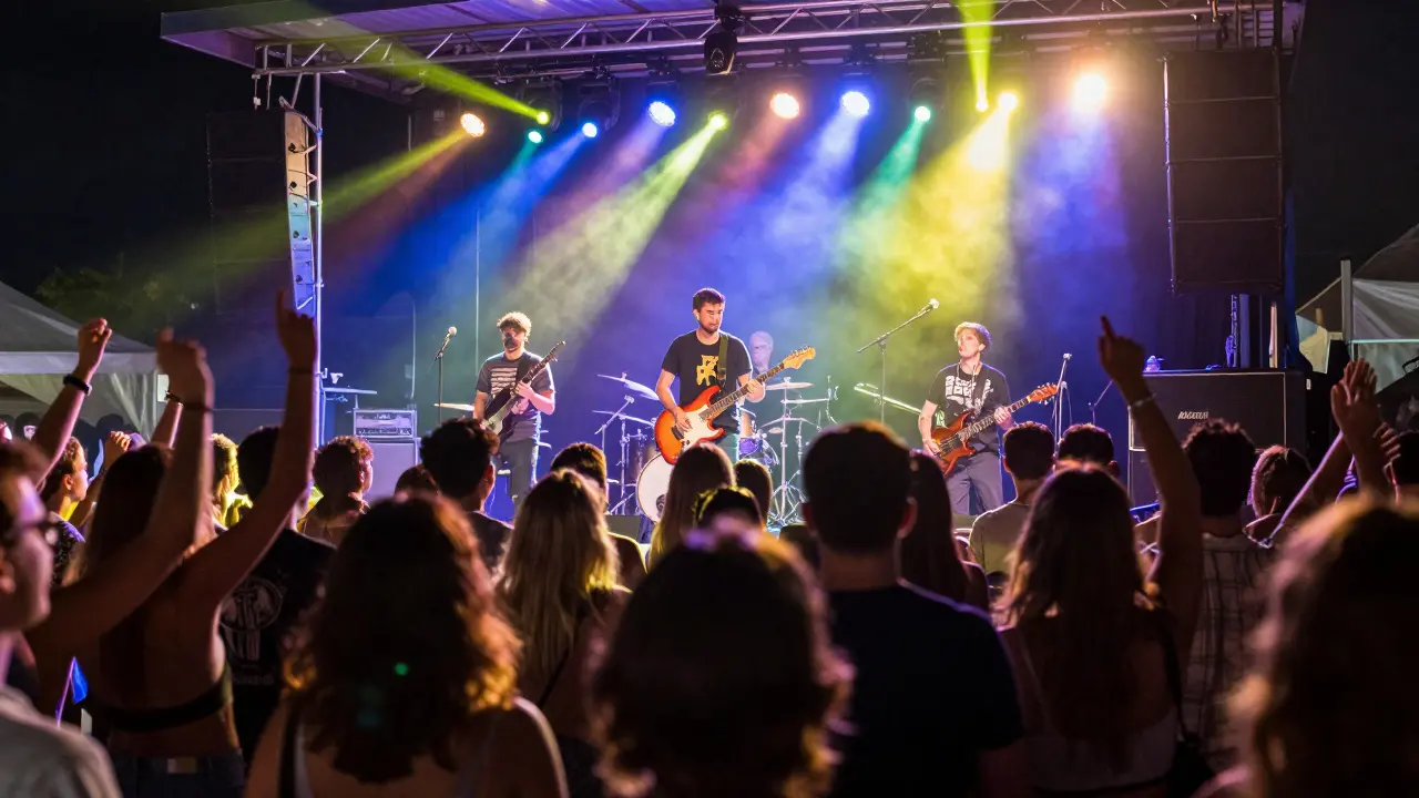 Crowd dancing at music festival under colorful spotlights with live band.
