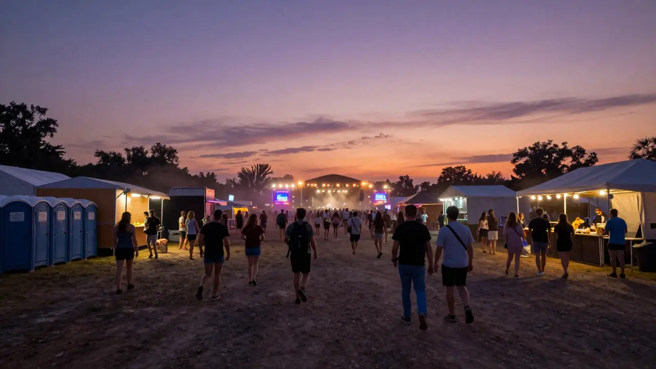 Crowds rush between stages at dusk past food trucks and porta-potty lines under neon lights.