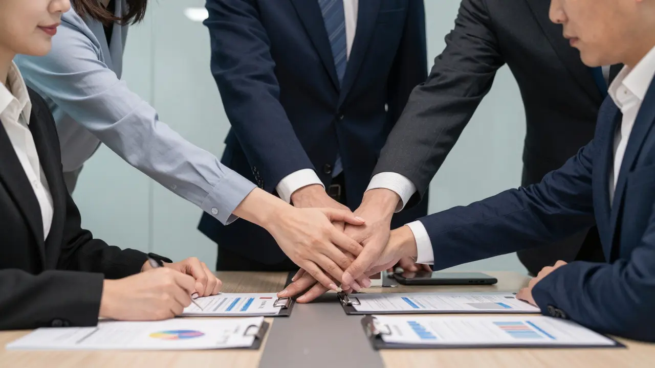 Executives reviewing documents with overlapping hands in boardroom