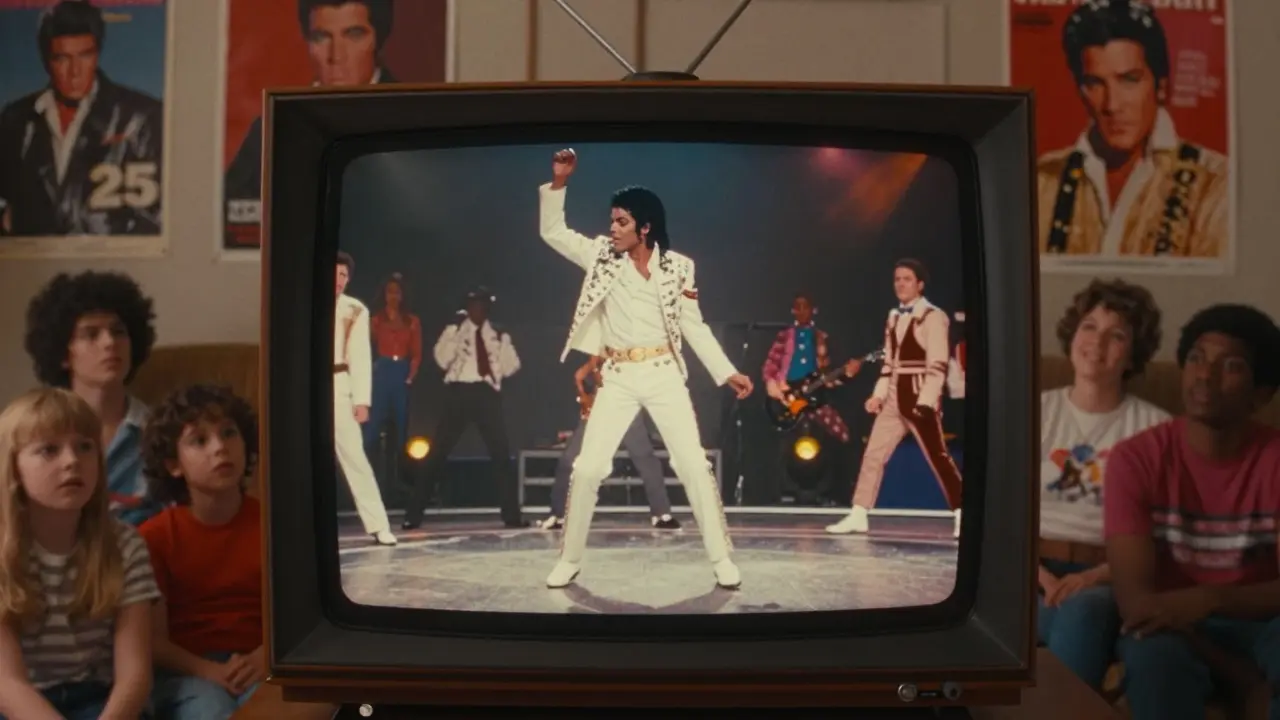 Family watching Michael Jackson's historic moonwalk on a 1980s TV in a cozy living room.