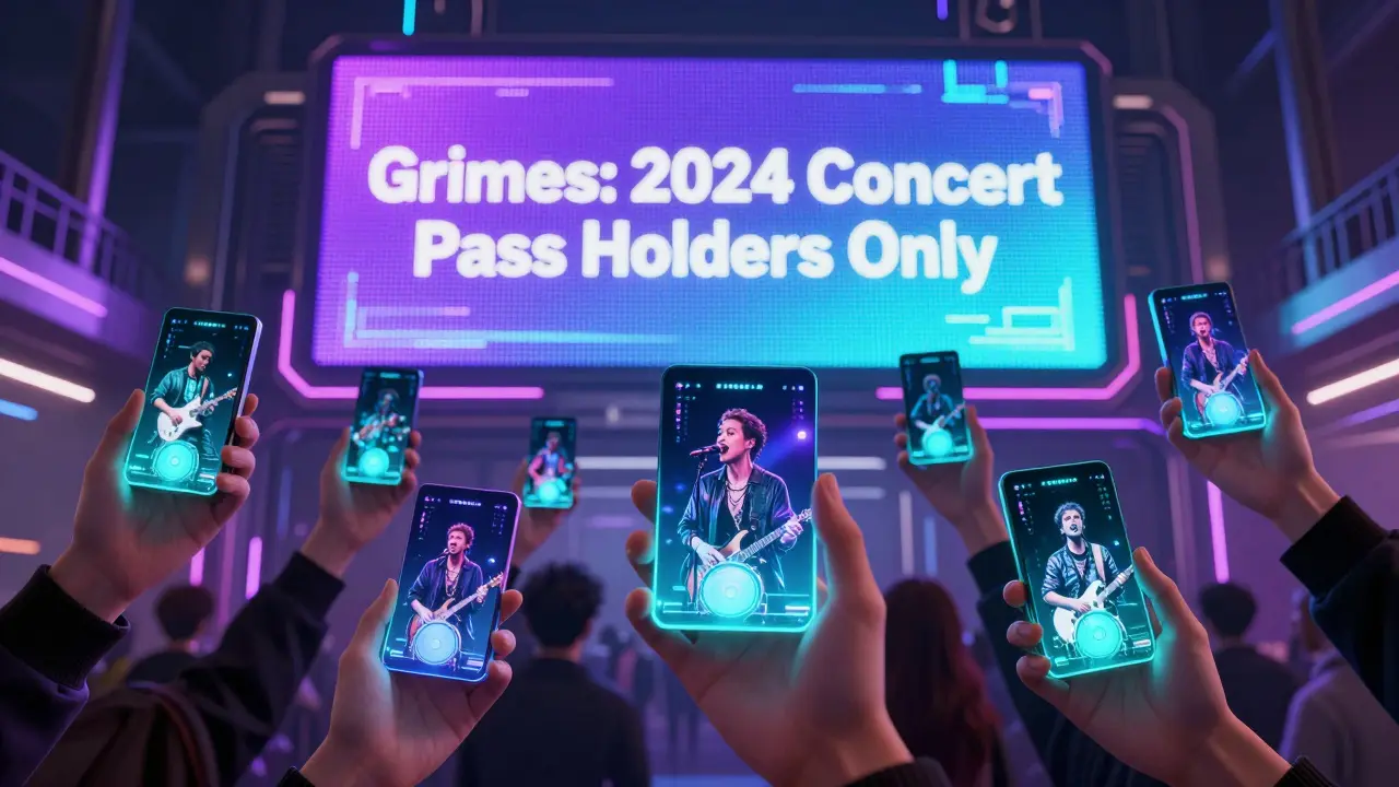 Fans holding glowing NFTs that project holographic concert moments, in a cyberpunk digital marketplace.