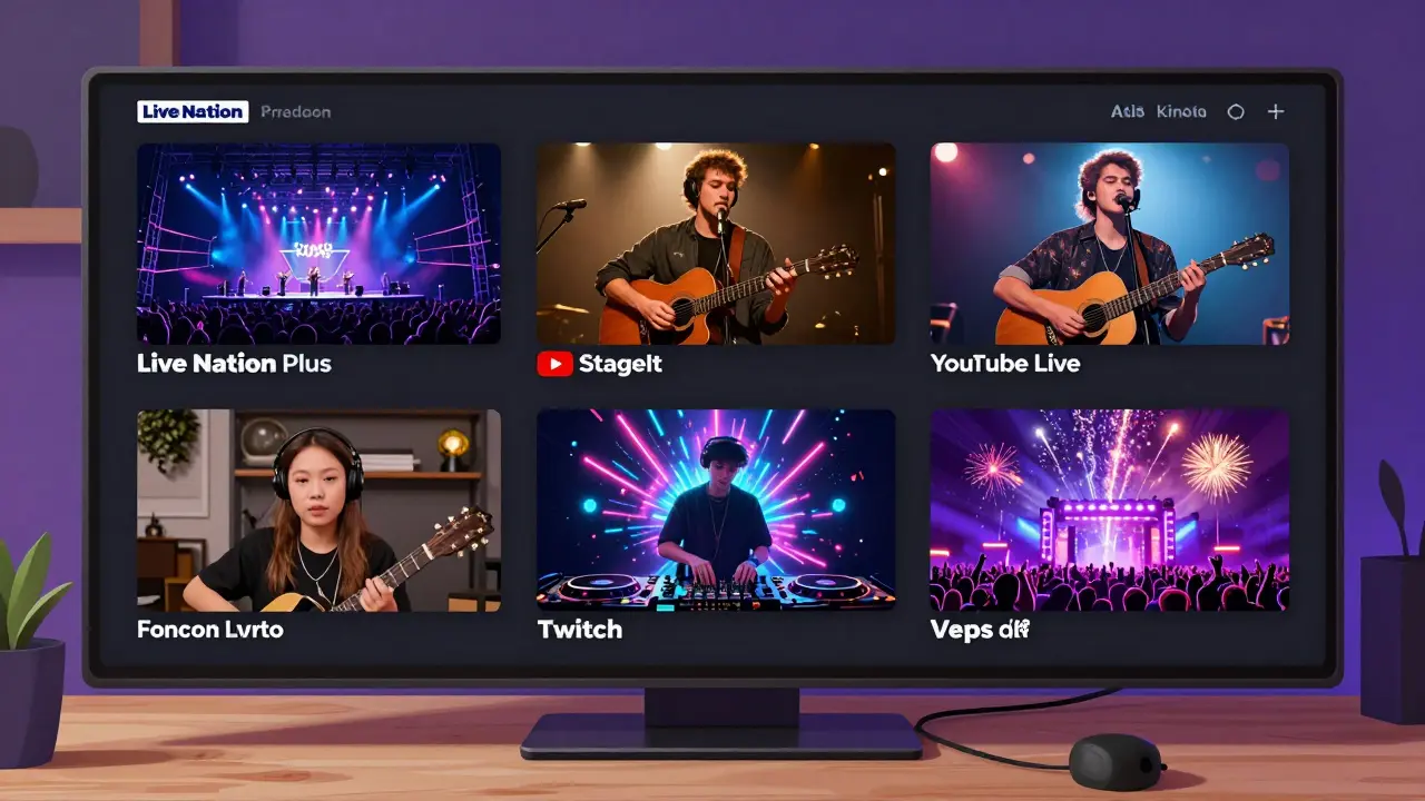 Five concert streaming platforms displayed on a digital dashboard, each showing different live performances.