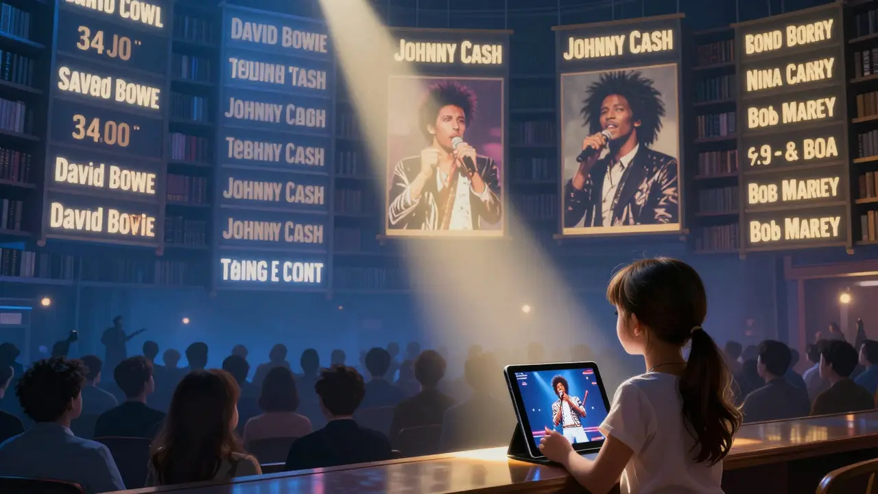 Floating digital archive of legendary concerts illuminated in a mystical library, with silhouettes of past audiences.