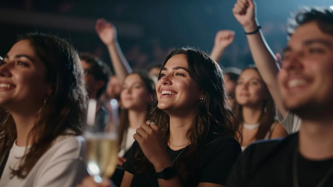 Happy fan in row 6 watching performer under stage lights, blurred crowd behind