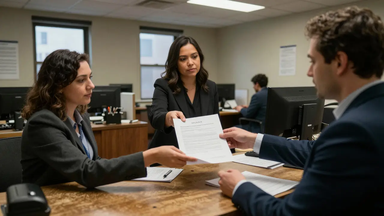 Landlords exchanging lease documents in NYC office