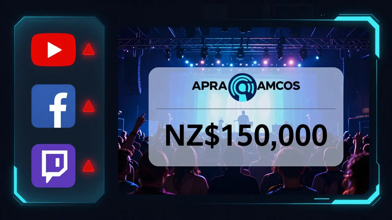 Live streaming platforms display warning alerts with a concert feed and a copyright penalty notice overlay.