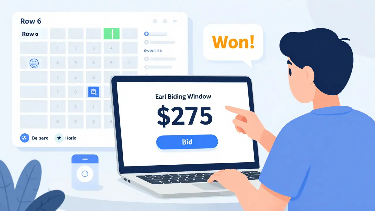 Person submitting concert seat upgrade bid on laptop with venue map and win notification