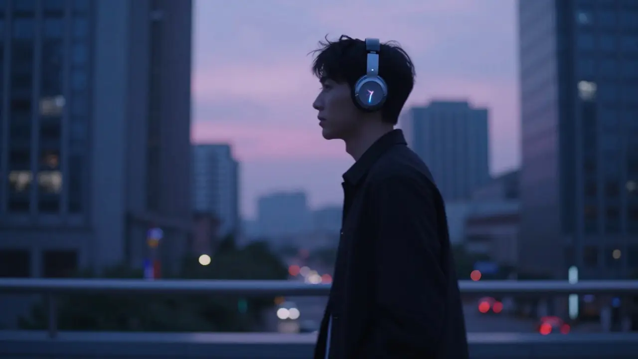 Person with wireless headphones walking in city at dusk, light pulses.