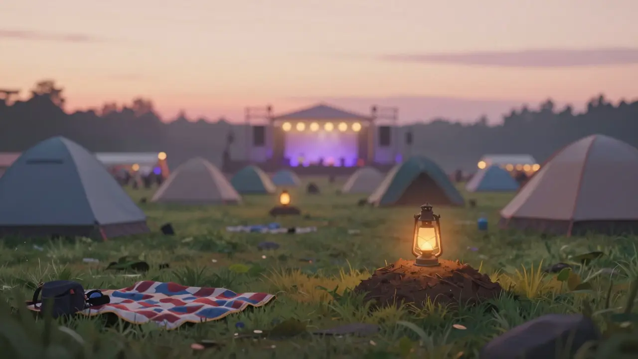 Sunrise over an empty festival field with abandoned blankets and a single glowing lantern.