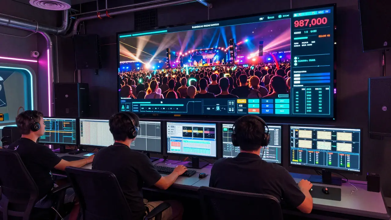 Technicians monitor live concert streaming in a control room with multiple 4K screens and real-time viewer analytics.