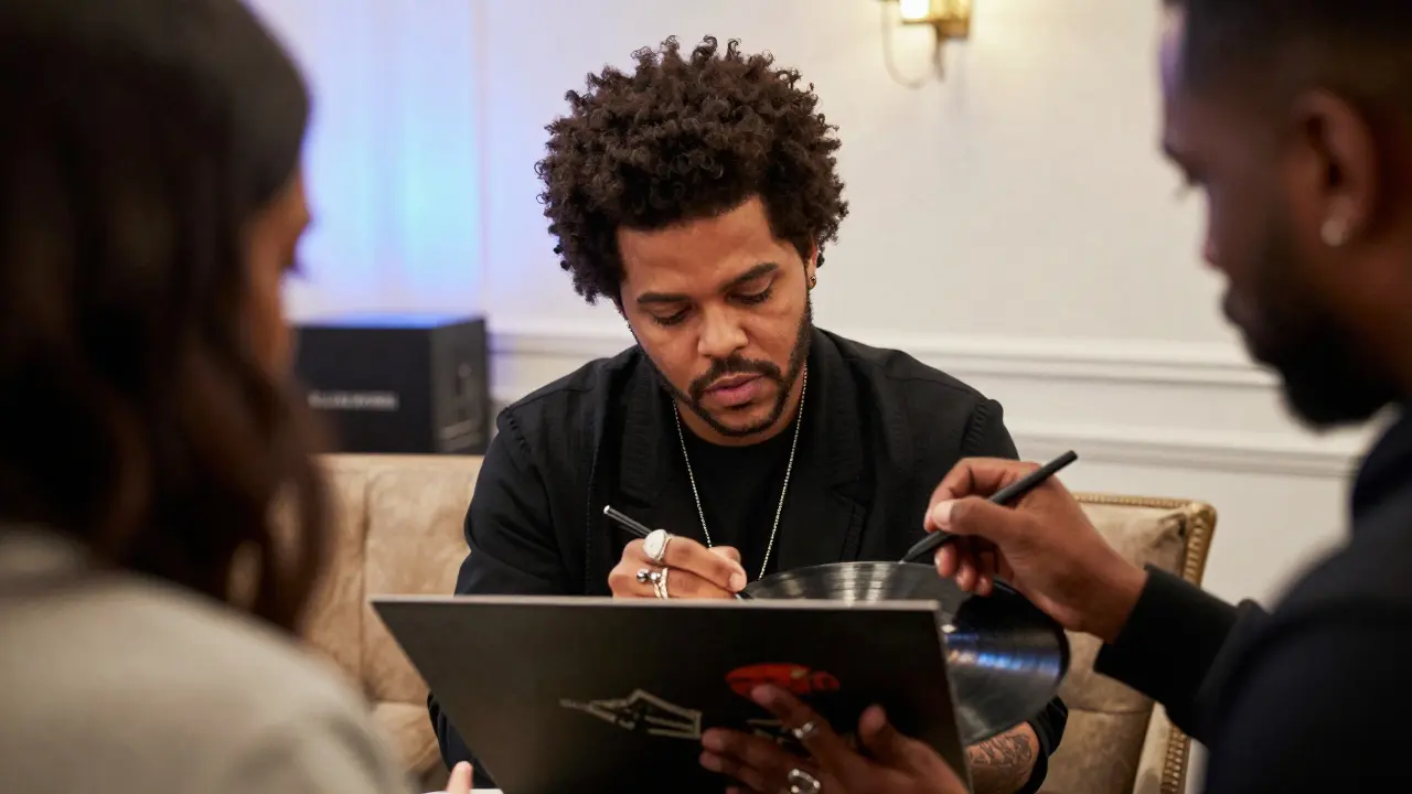 The Weeknd signing a personalized vinyl record for a fan in private lounge.