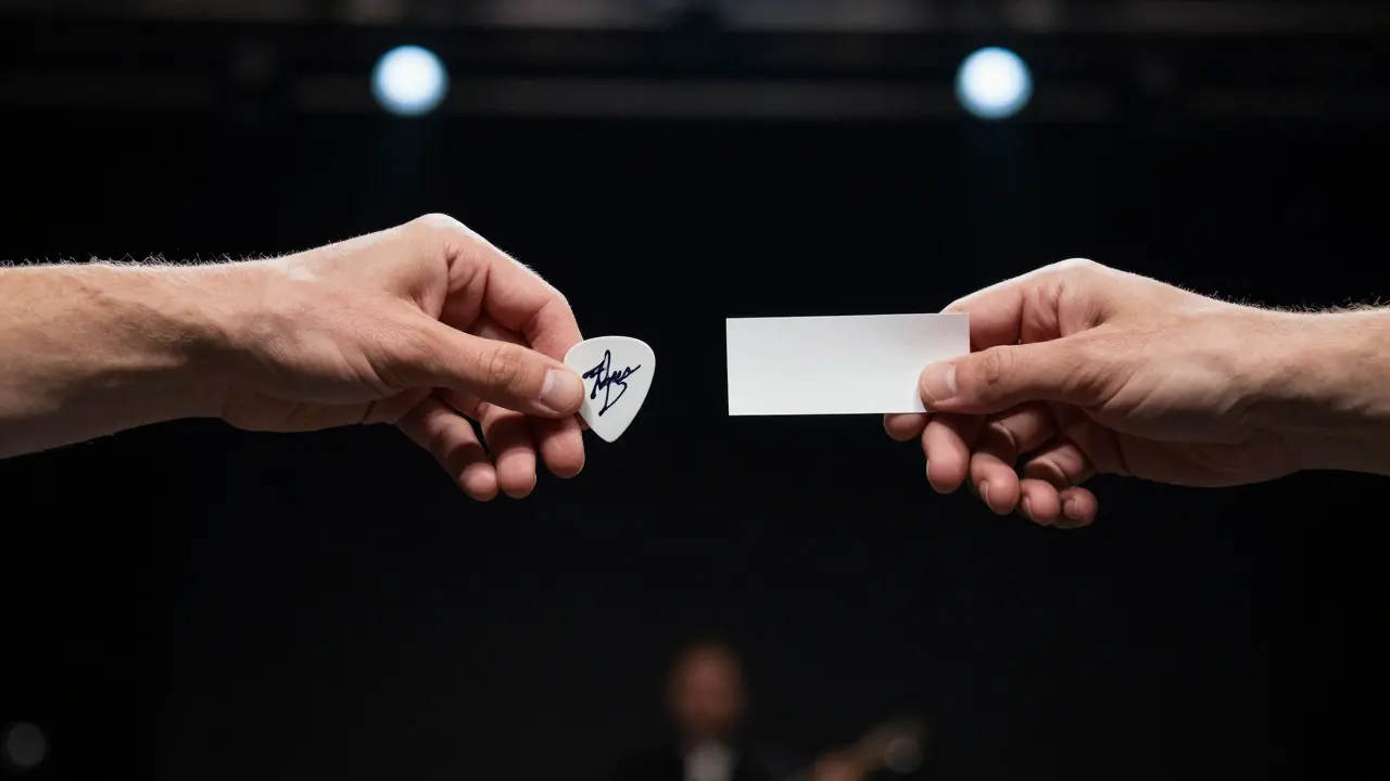 Two hands reaching for a signed guitar pick and a ticket stub, with glowing stage lights in the background.