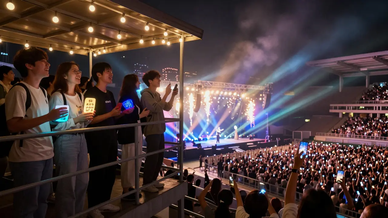 VIP attendees on an elevated platform watching the concert below, surrounded by glowing merch and string lights.