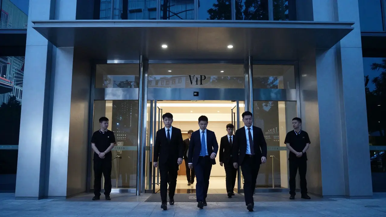VIP guests entering venue through dedicated entrance with staff escort.