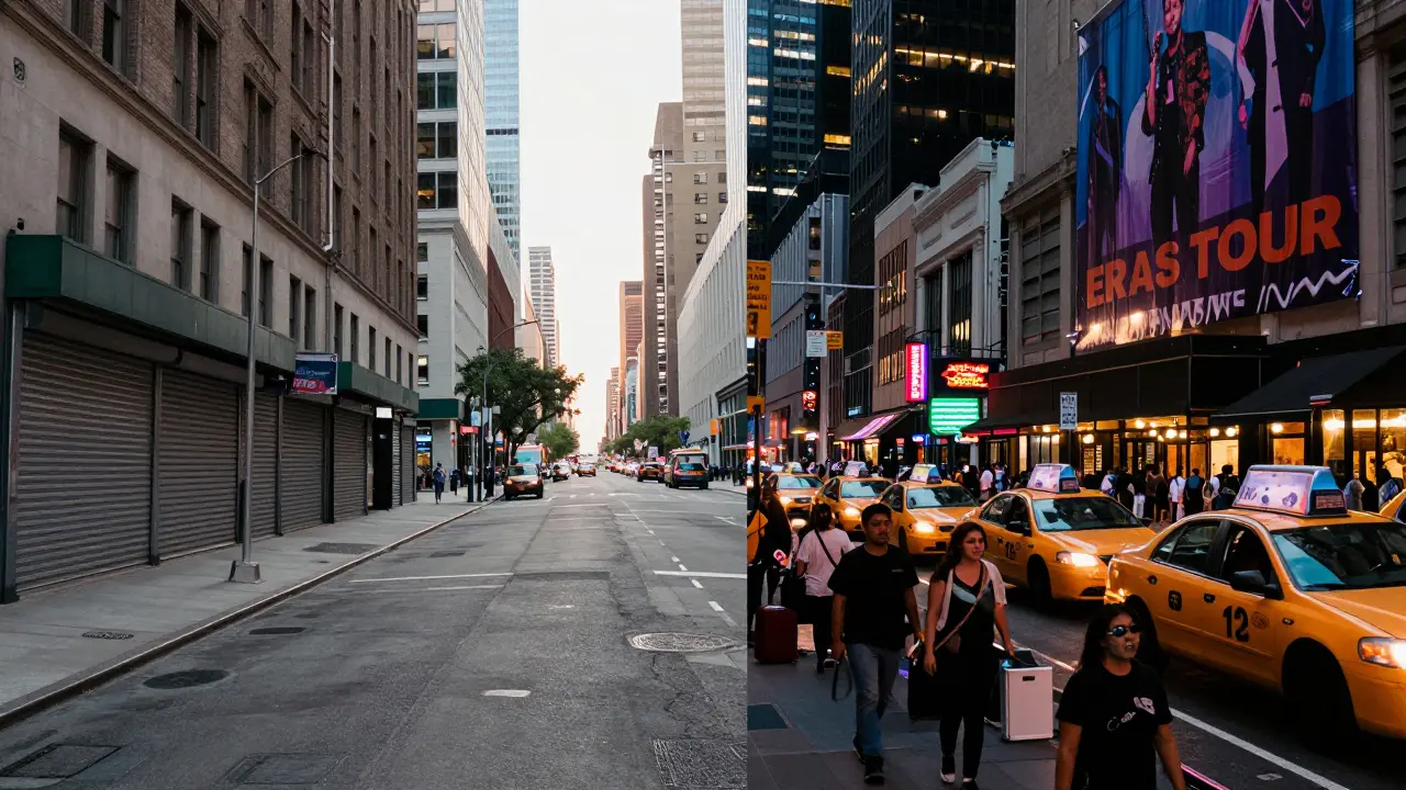 A city transformed from quiet dawn to vibrant night as fans flood the streets for Taylor Swift's Eras Tour.