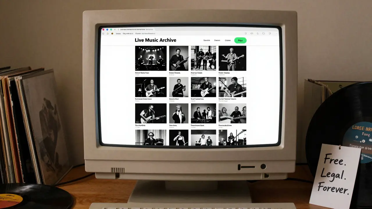 A computer screen displays the Live Music Archive with hundreds of free concert recordings.