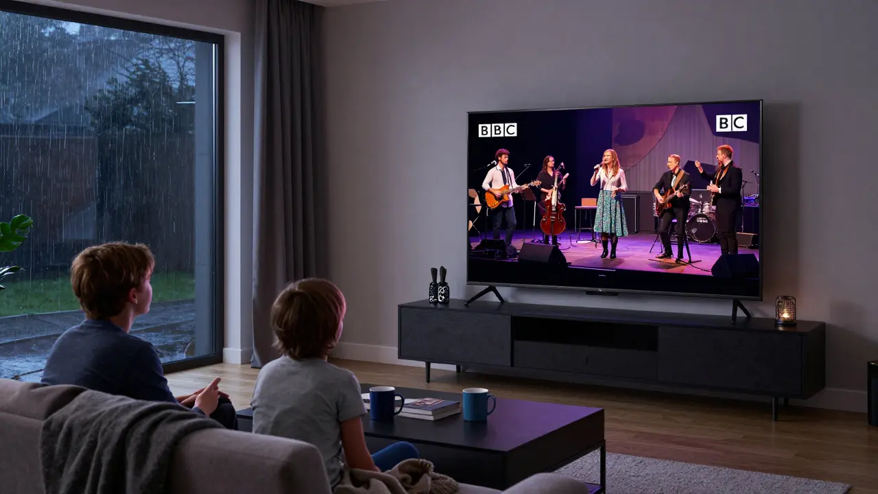A family watches a professional BBC concert stream on TV in their cozy living room.