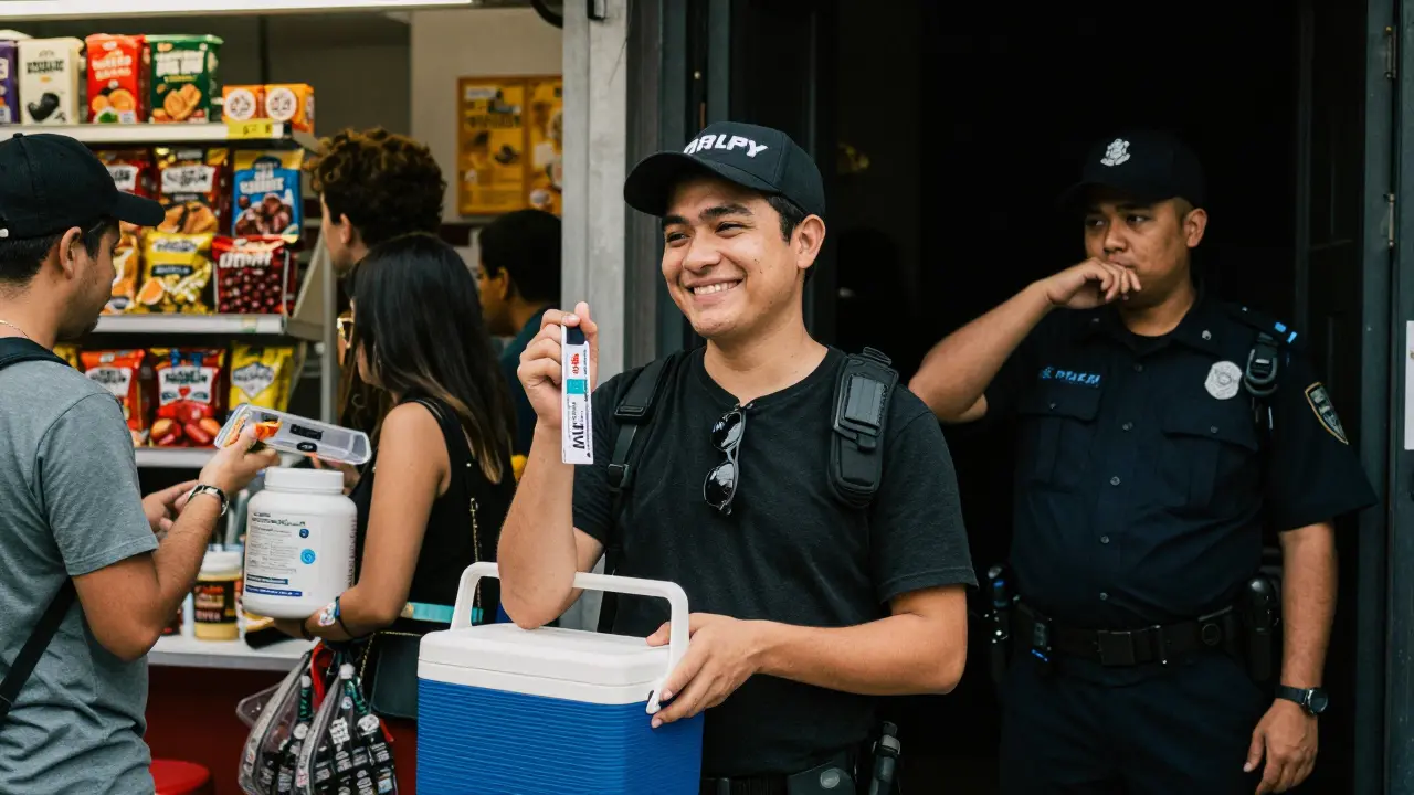 A fan brings snacks to a concert, greeted with approval by a security guard holding a VIP wristband.