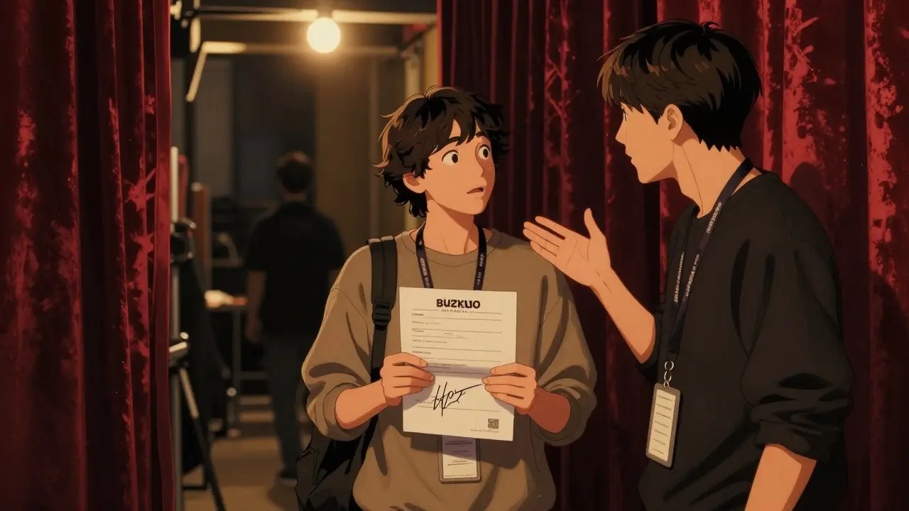 A fan receiving a signed setlist from a musician in a dimly lit backstage area.