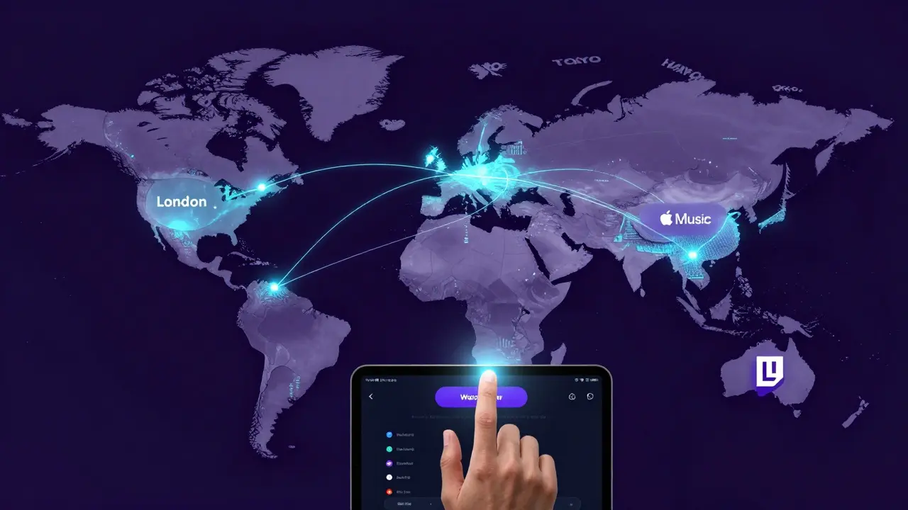 A global map showing live concert streams connecting venues to viewers around the world.