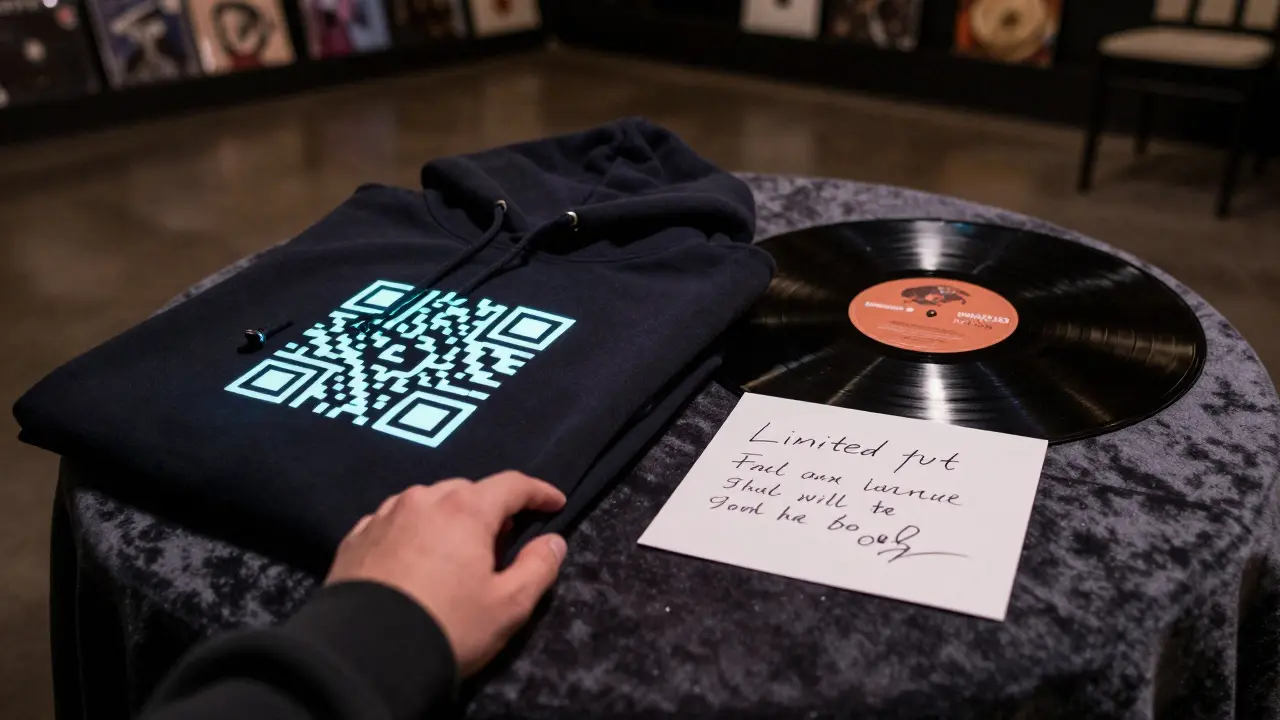 A glow-in-the-dark hoodie and hand-numbered vinyl record with a handwritten artist note, laid on a velvet surface.