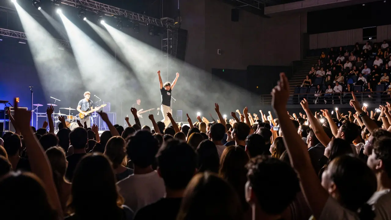 A lively general admission crowd cheering at a concert, while a quiet VIP section sits in the background with empty seats.