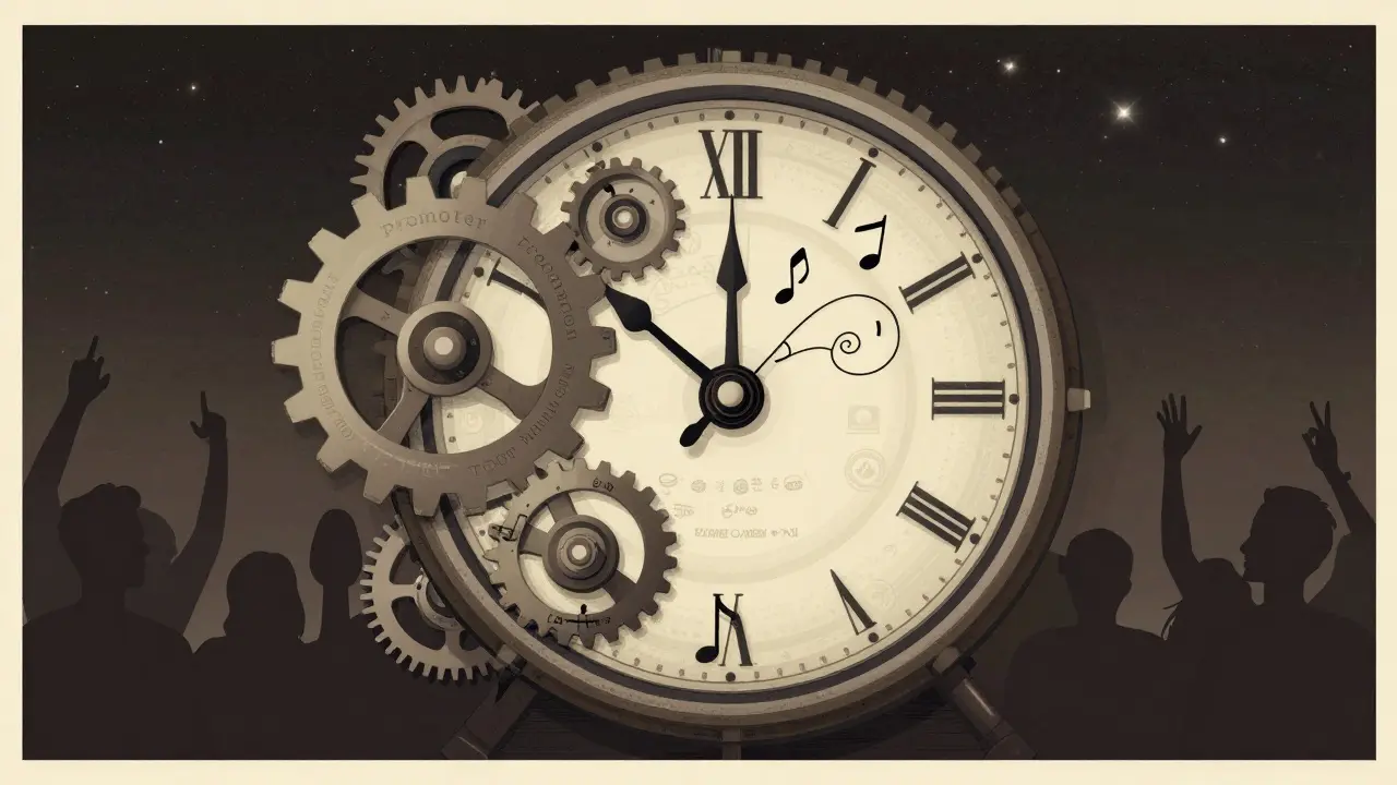 A mechanical clock with concert roles as gears, turning in sync as music flows outward under a starry sky.